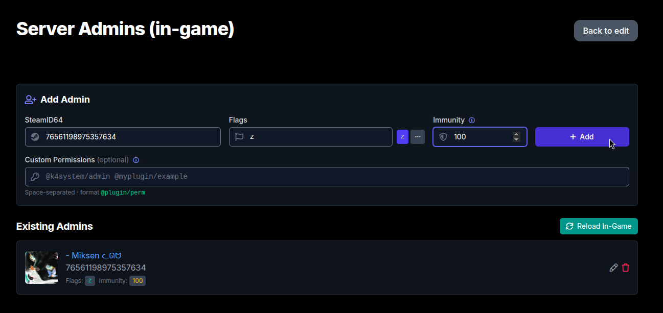 CS2 Manage Admins page