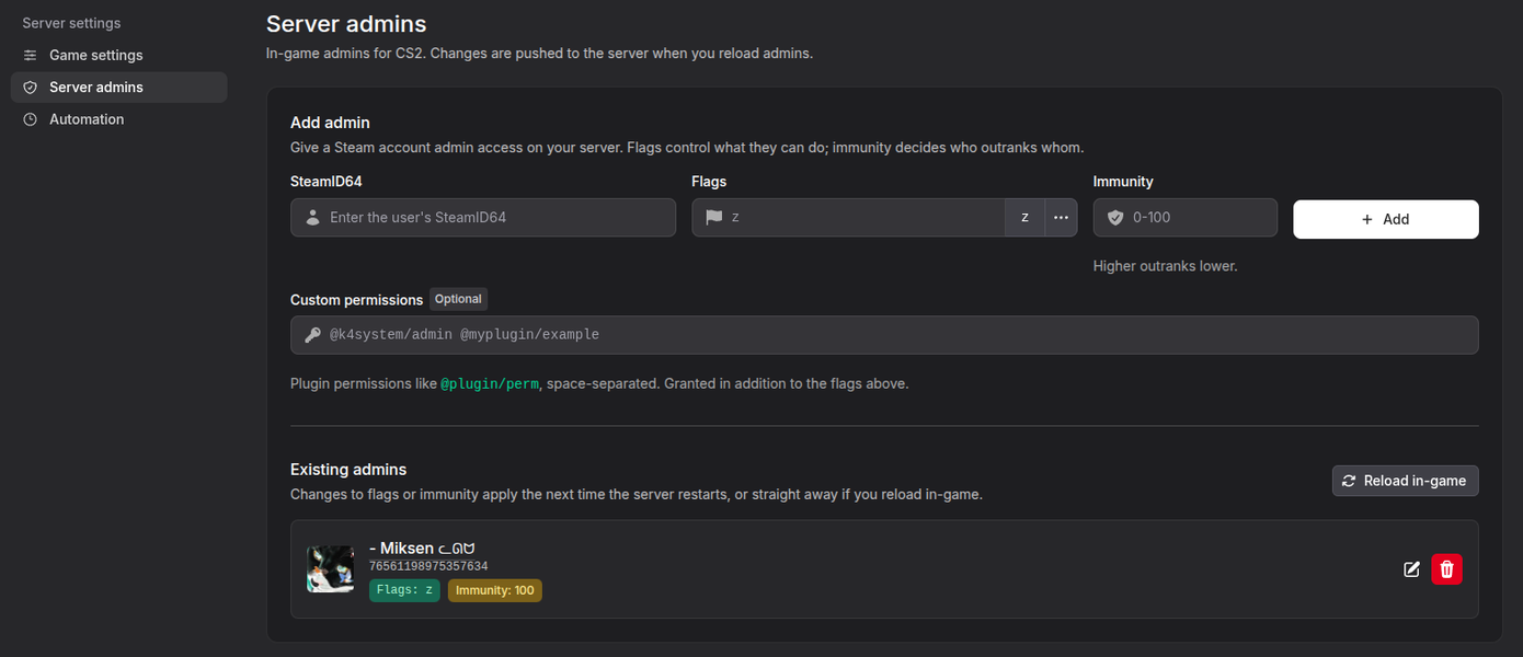 CS2 Server admins page
