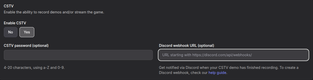 CSTV section with the Discord webhook URL field