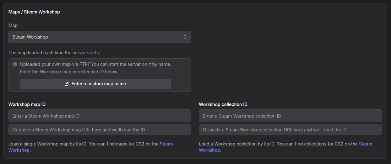 Workshop map ID and Workshop collection ID fields