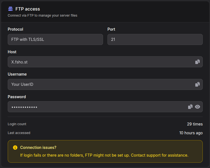 FTP access box on the Files tab