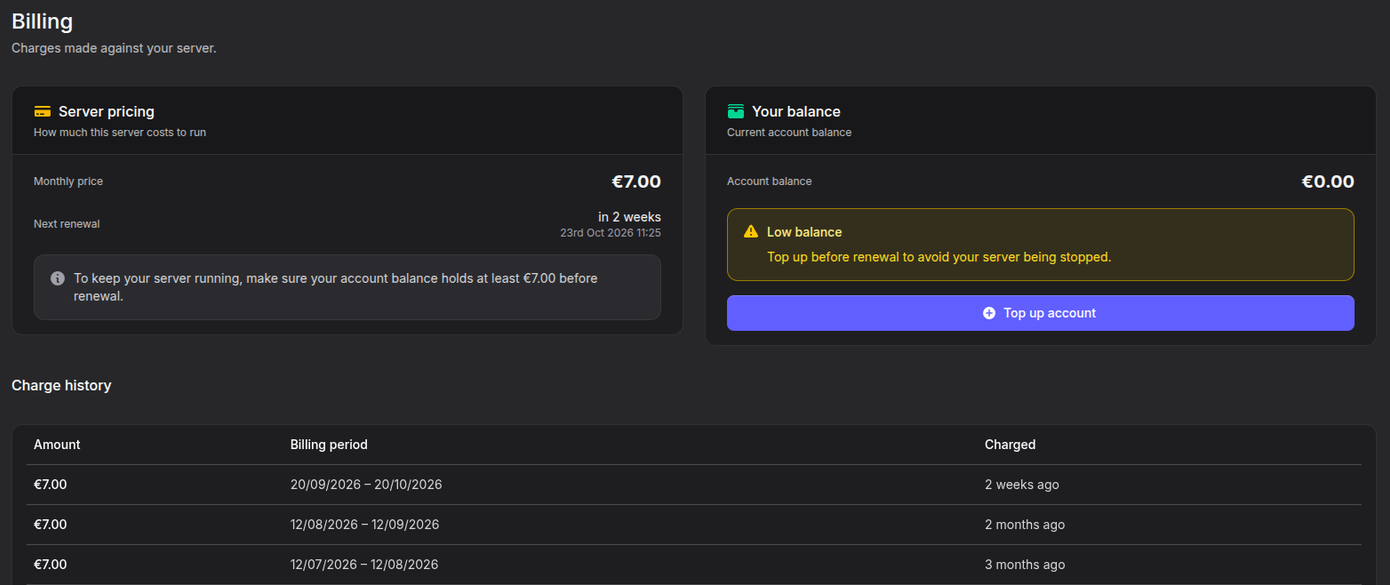 Billing tab on a Pro server