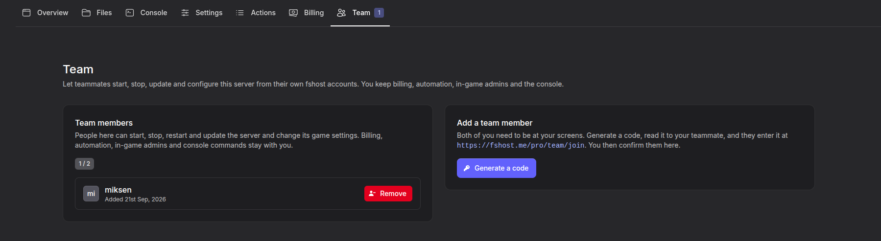 Team member with Remove button