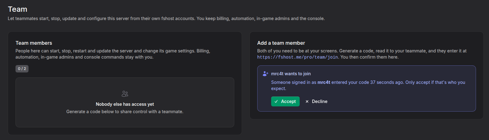 Join request on the Team tab