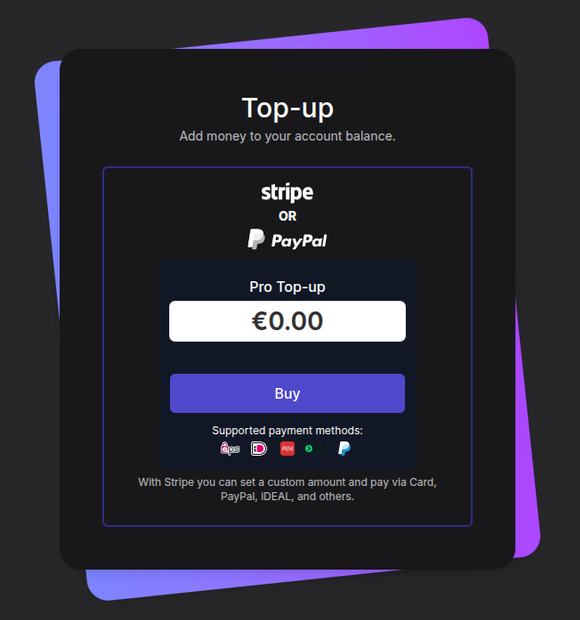 Top-up page in the Pro Panel